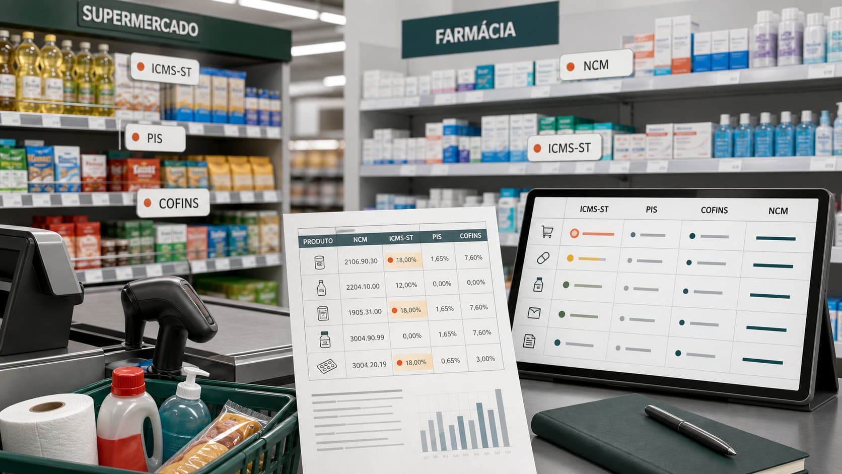 Gôndolas de supermercado e farmácia com labels de tributos