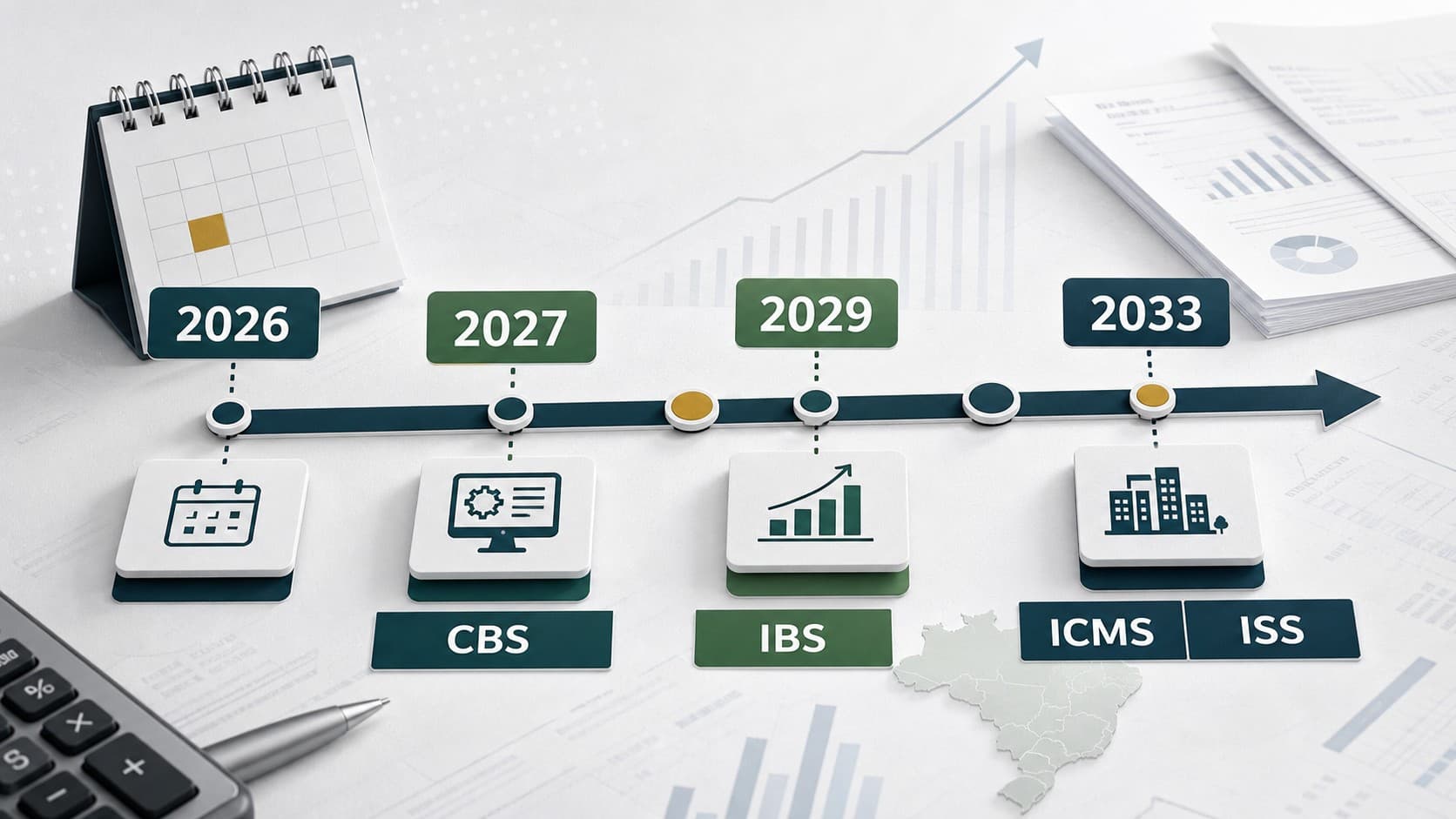 Linha do tempo da Reforma Tributária 2026 a 2033